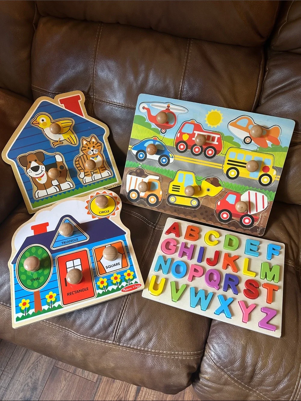 Melissa & Doug Colorful Wooden Alphabet & Vehicle/Animal Knob Puzzle Set